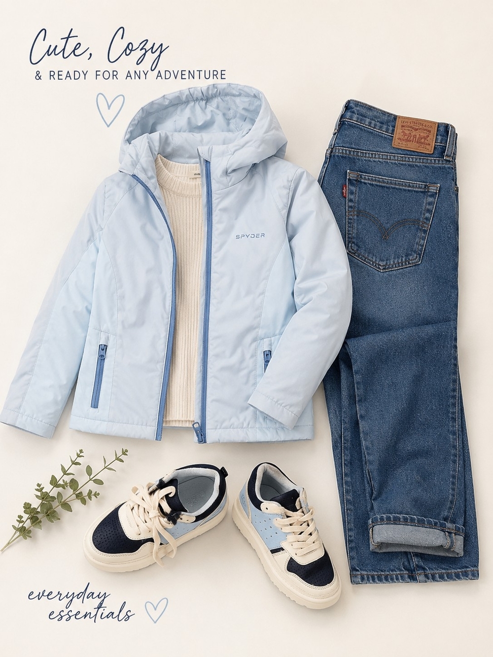 Spyder Outfit Inspo Light Blue Hooded Jacket, Levi Denim, Ugg Sneakers